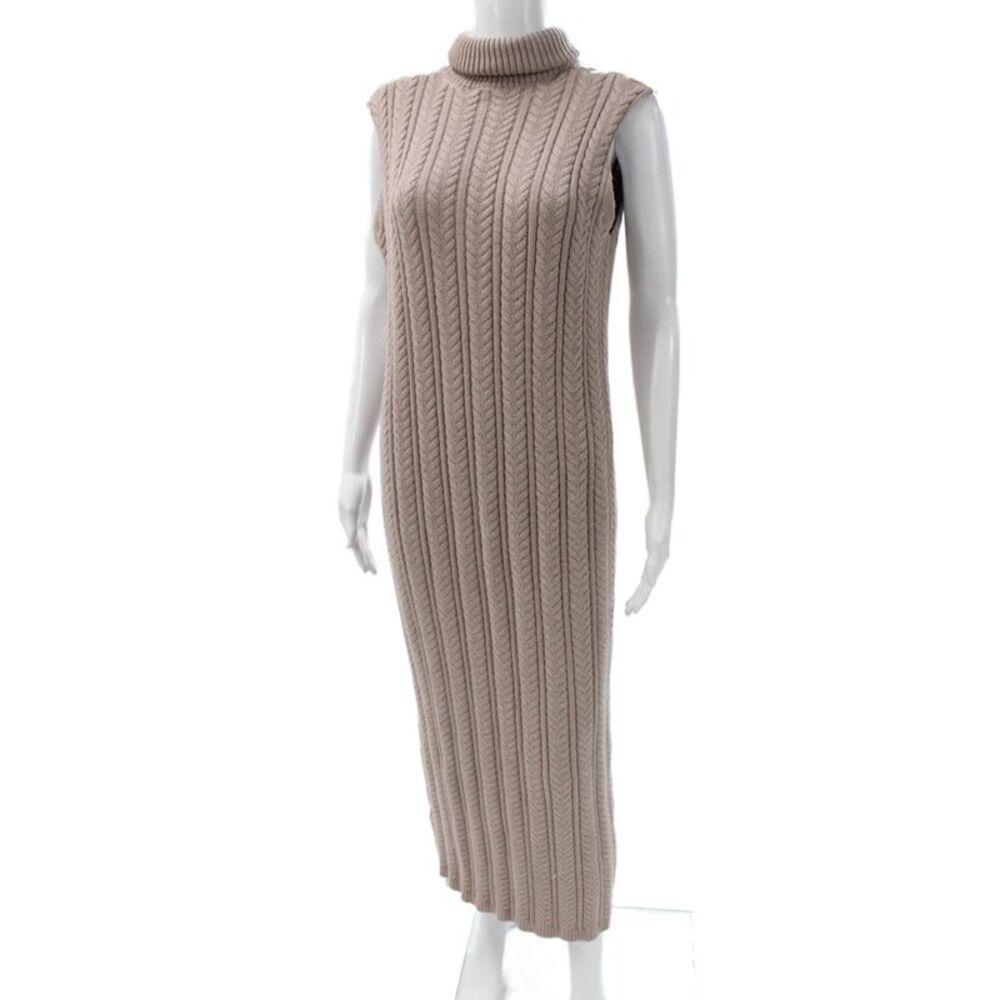 Beige Womens Maxi Dress Turtleneck Cable Knit Sleeveless Size M